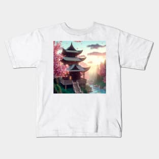 Ancient Temple among the Sakura Trees and Forest Rivers Kids T-Shirt